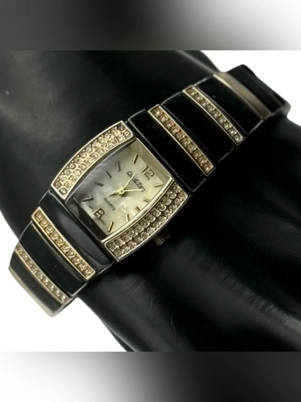 Cici & Faye Women's Quartz Watch Black Gold Tonneau Case Rhinestone Link Band